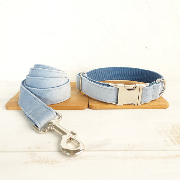 Sky Blue Velvet Dog Collar With Bow Tie