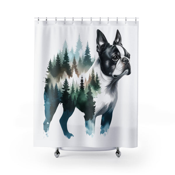 Watercolor Forest Boston Terrier Dog Portrait Shower Curtains