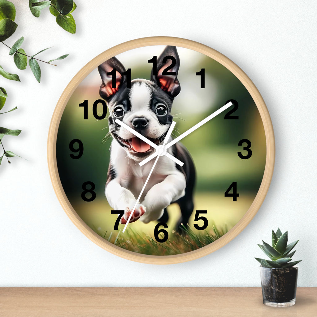 Playful Boston Terrier Puppy Wall Clock