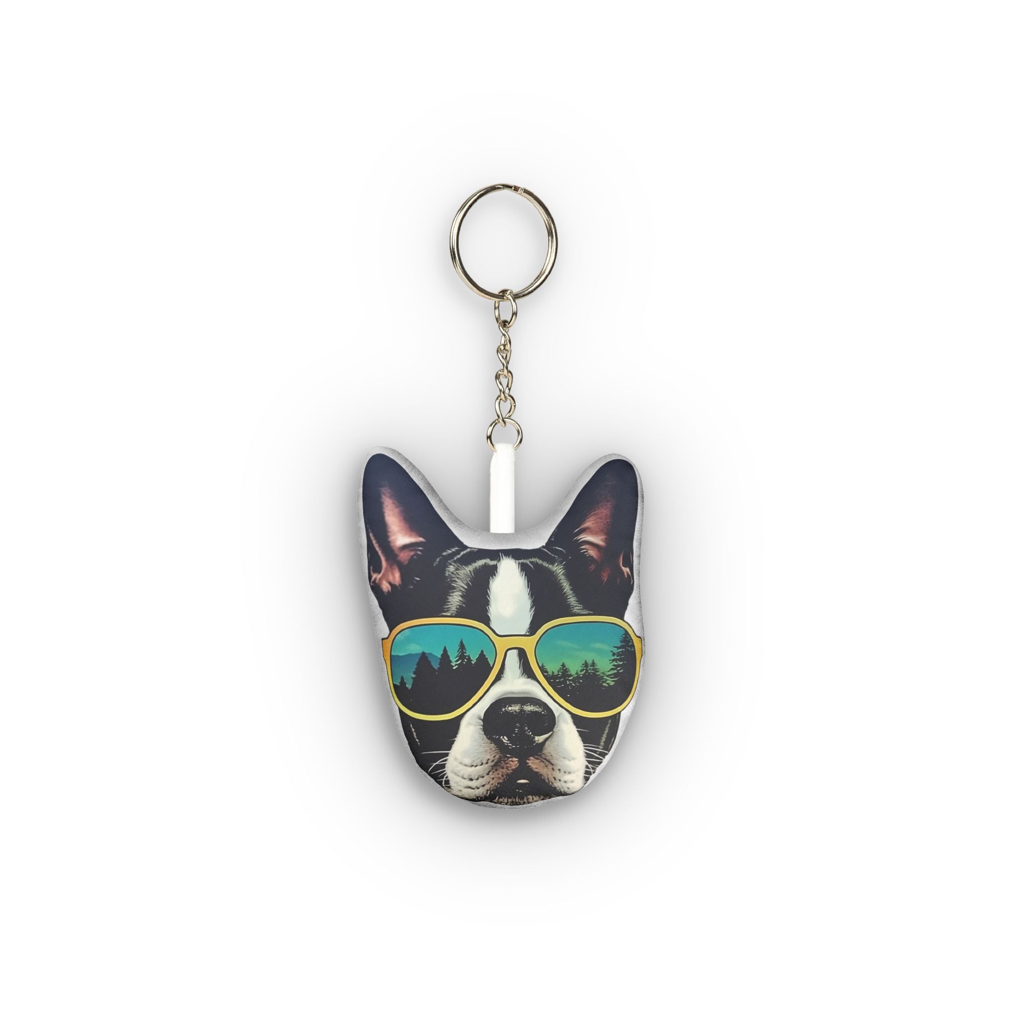 Into The Wild Boston Terrier Dog Face Mini Plush Keychain — Cool Sunglasses Forest .