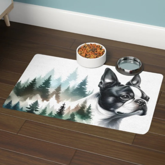 Dog Food Mat - Forest Boston Terrier Dog Portrait Pet Feeding Mat (12x18)