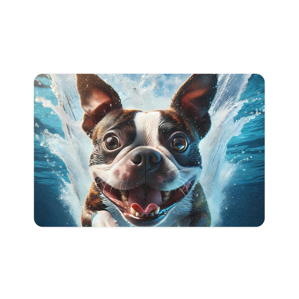 Dog Food Mat - Boston Terrier Diving Underwater Pet Feeding Mat (12x18)