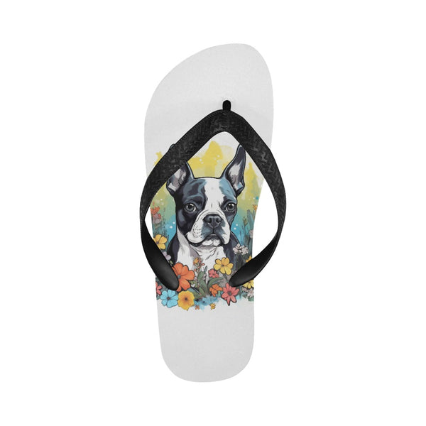 Boston Terrier Surrounded By Flowers Flip Flops (For both Men and Women)