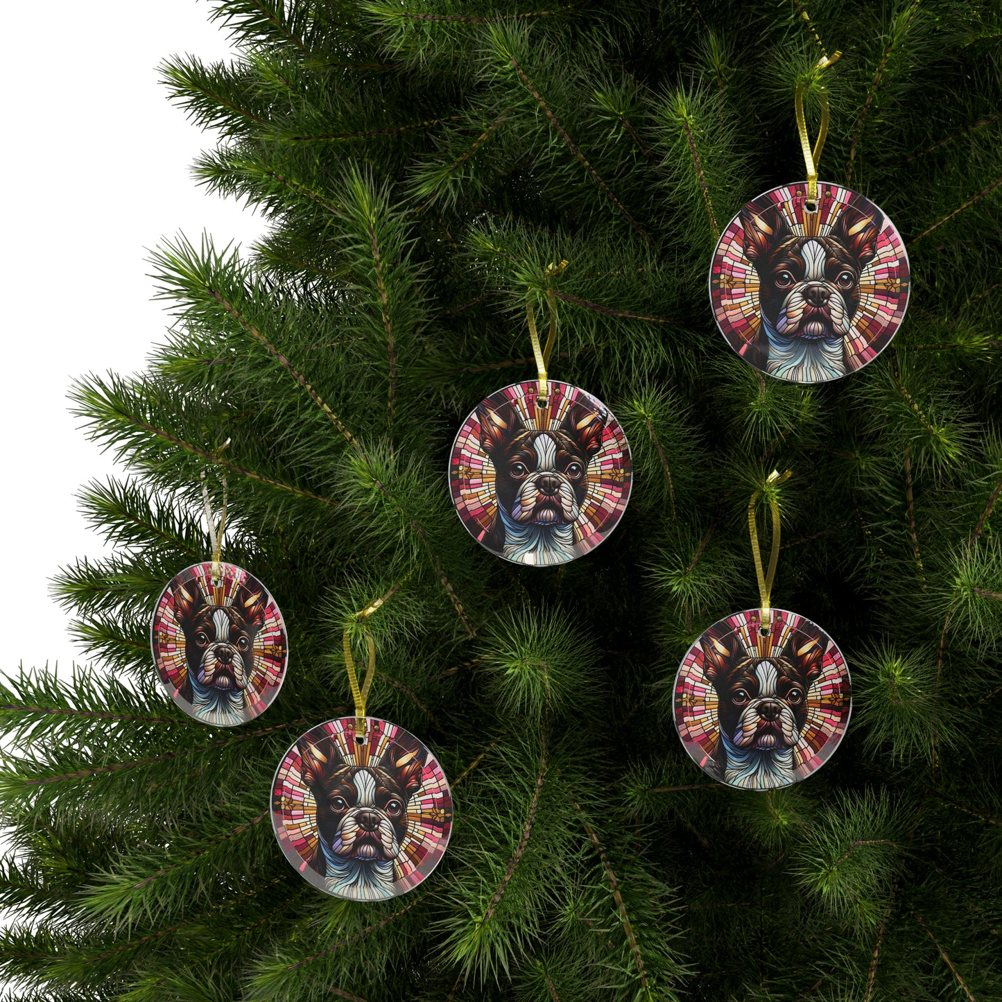 Colorful Geometric Boston Terrier Stained Glass Ornaments - Brown and Harmonious