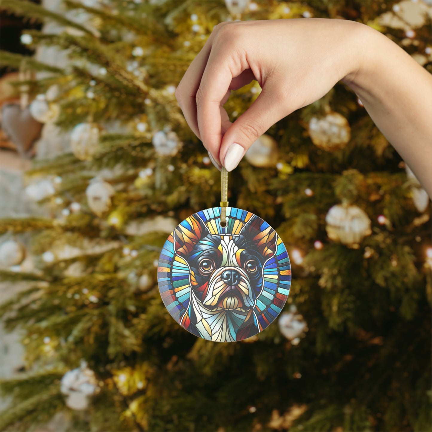 Colorful Geometric Boston Terrier Stained Glass Ornaments - Blue and Warm