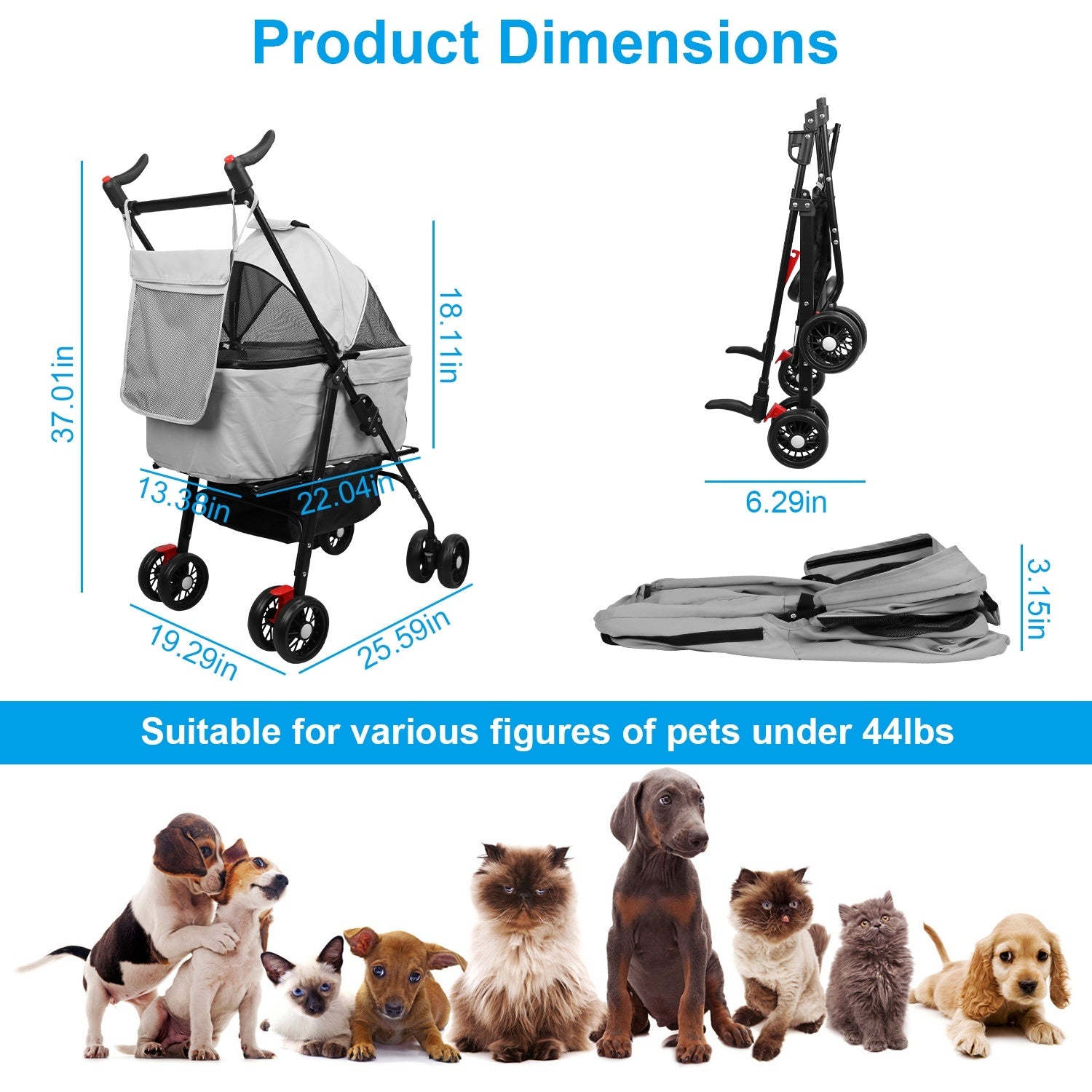 4-Wheels Pet Stroller Foldable Carrier With Removable Liner and Storage Basket
