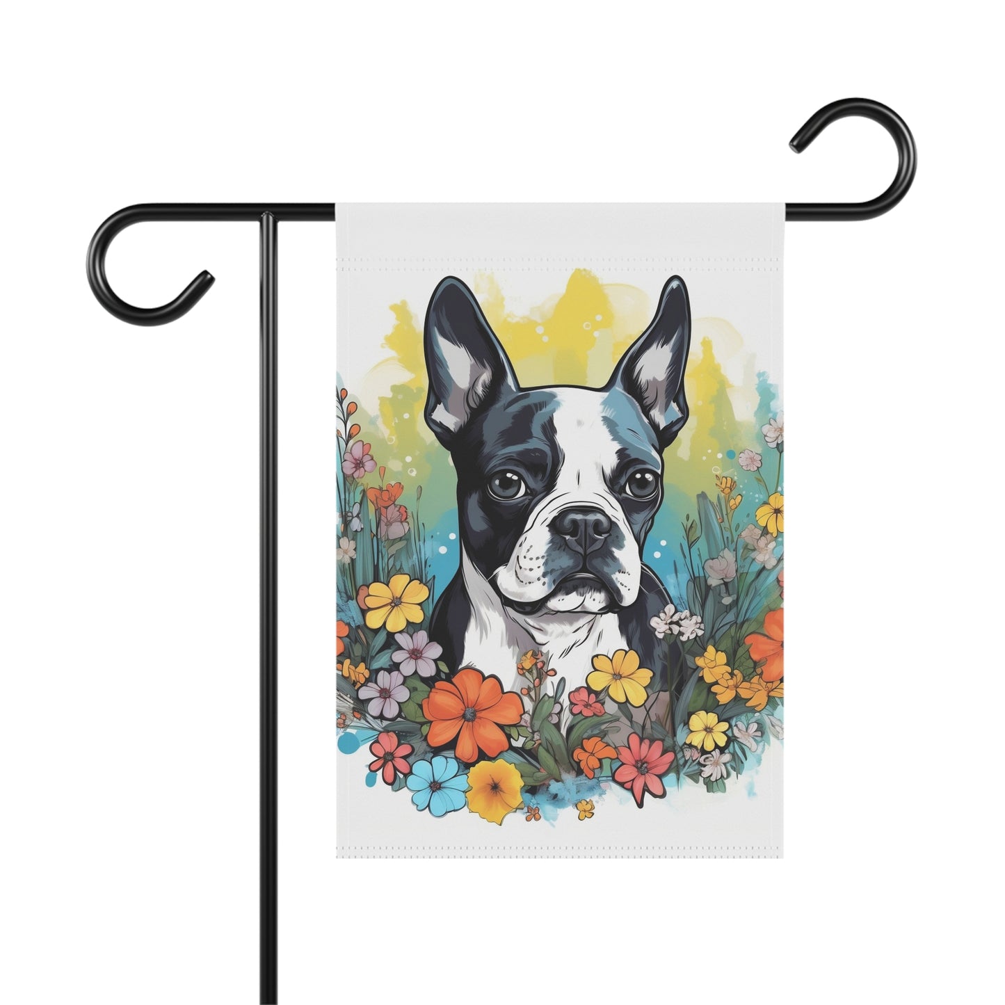 Boston Terrier Surrounded By Flowers Garden & House Banner