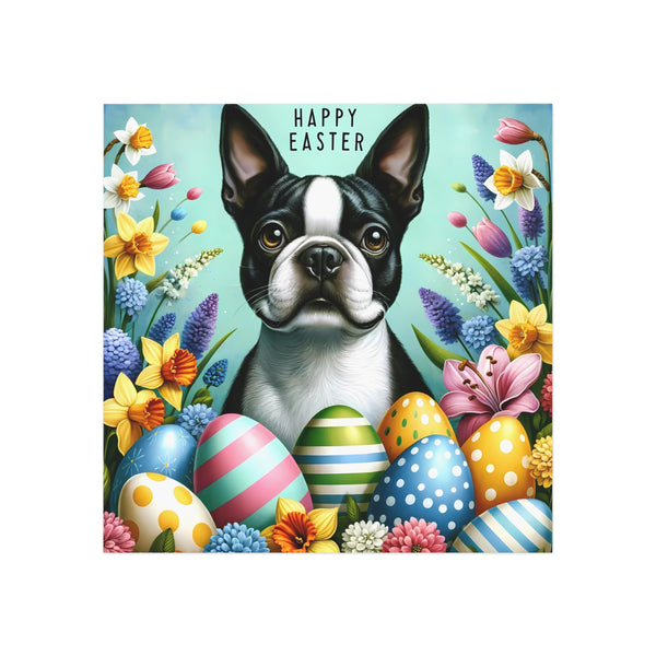 Happy Easter Boston Terrier Square Magnet - Pastel Blue