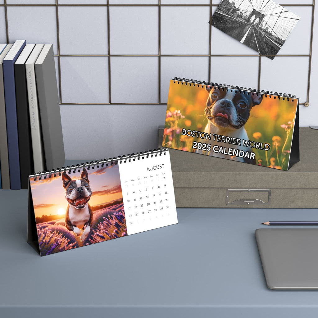 Boston Terrier World Desktop Calendar (2025 grid)