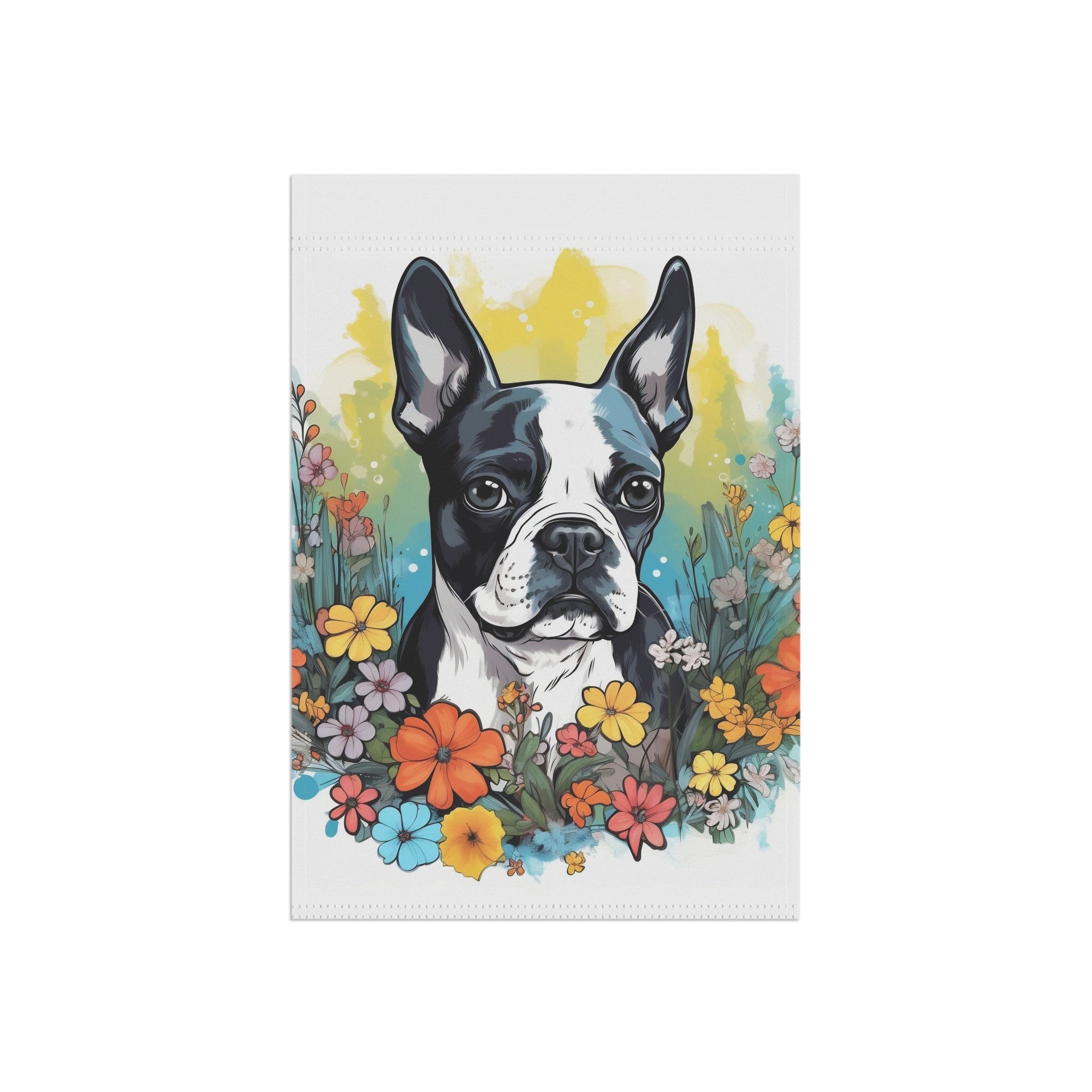 Boston Terrier Surrounded By Flowers Garden & House Banner