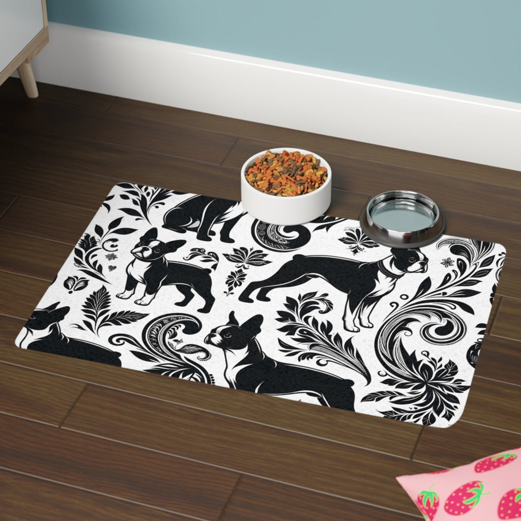 Dog Food Mat - Paisley Boston Terrier Pet Feeding Mat (12x18)