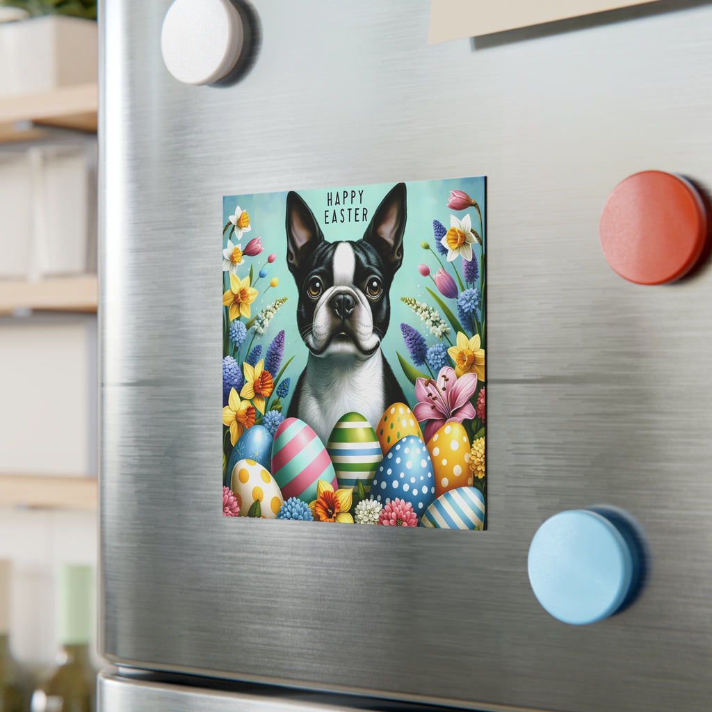 Happy Easter Boston Terrier Square Magnet - Pastel Blue