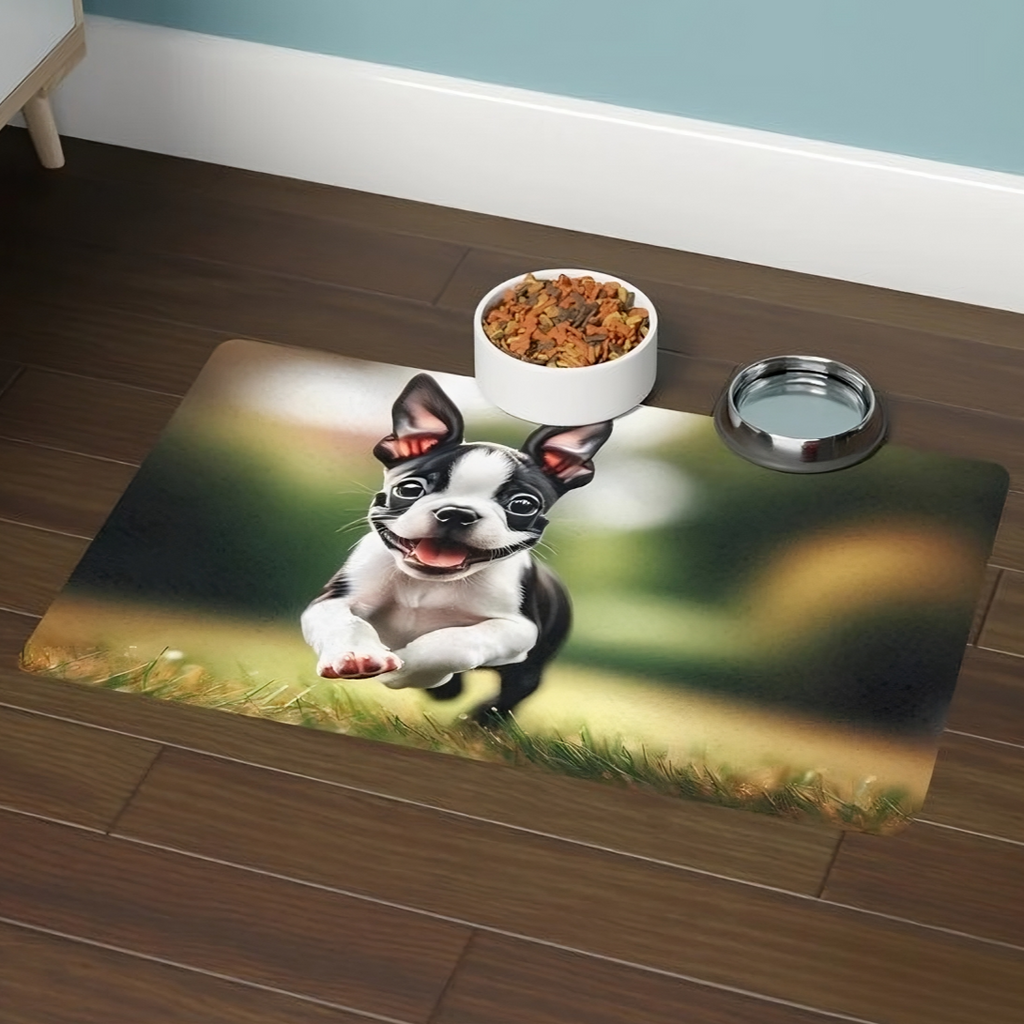 Dog Food Mat - Playful Boston Terrier Puppy Pet Feeding Mat (12x18)