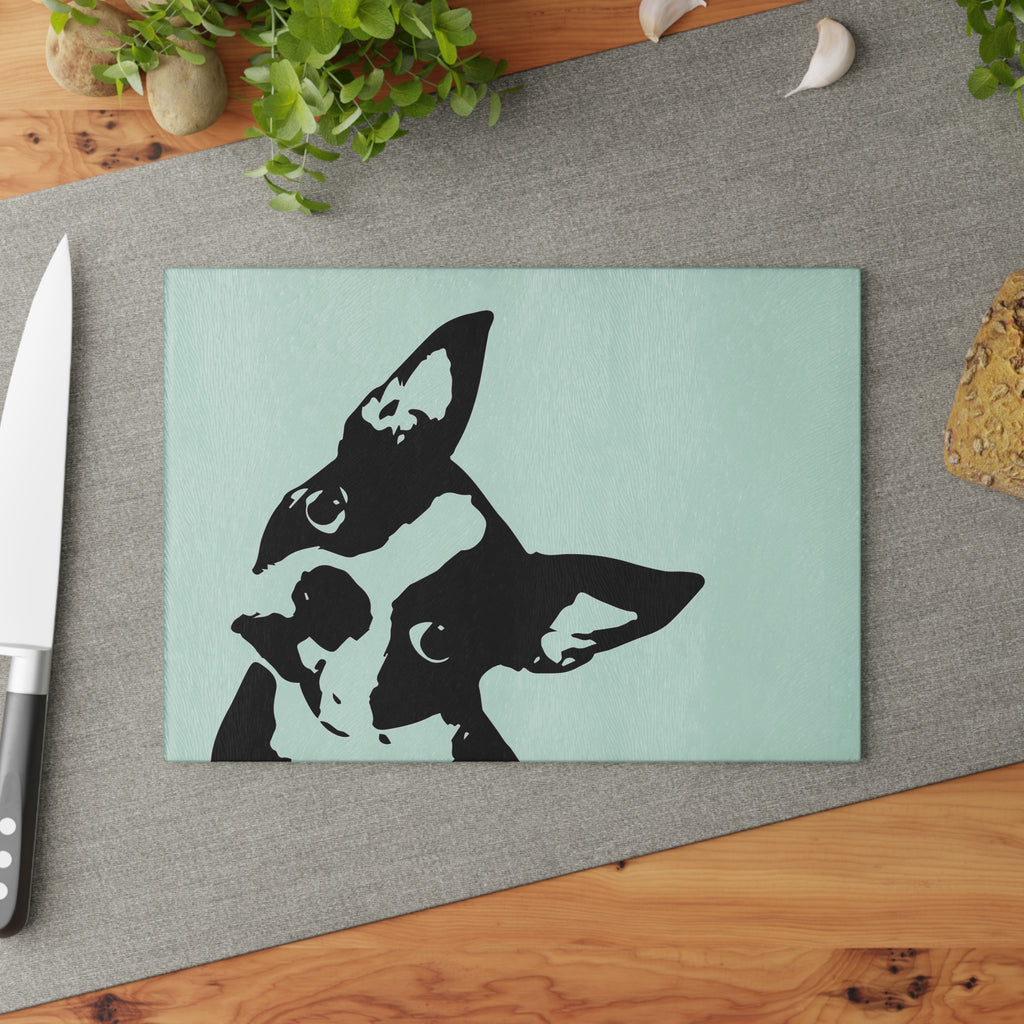 Boston Terrier Head Tilt Glass Cutting Board