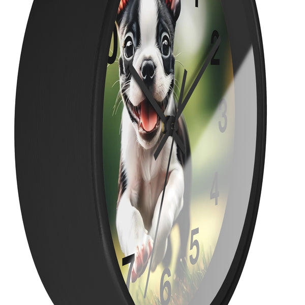 Playful Boston Terrier Puppy Wall Clock