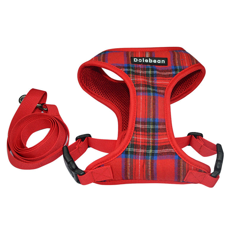 Breathable And Comfortable Plaid Dog Harness With Leash