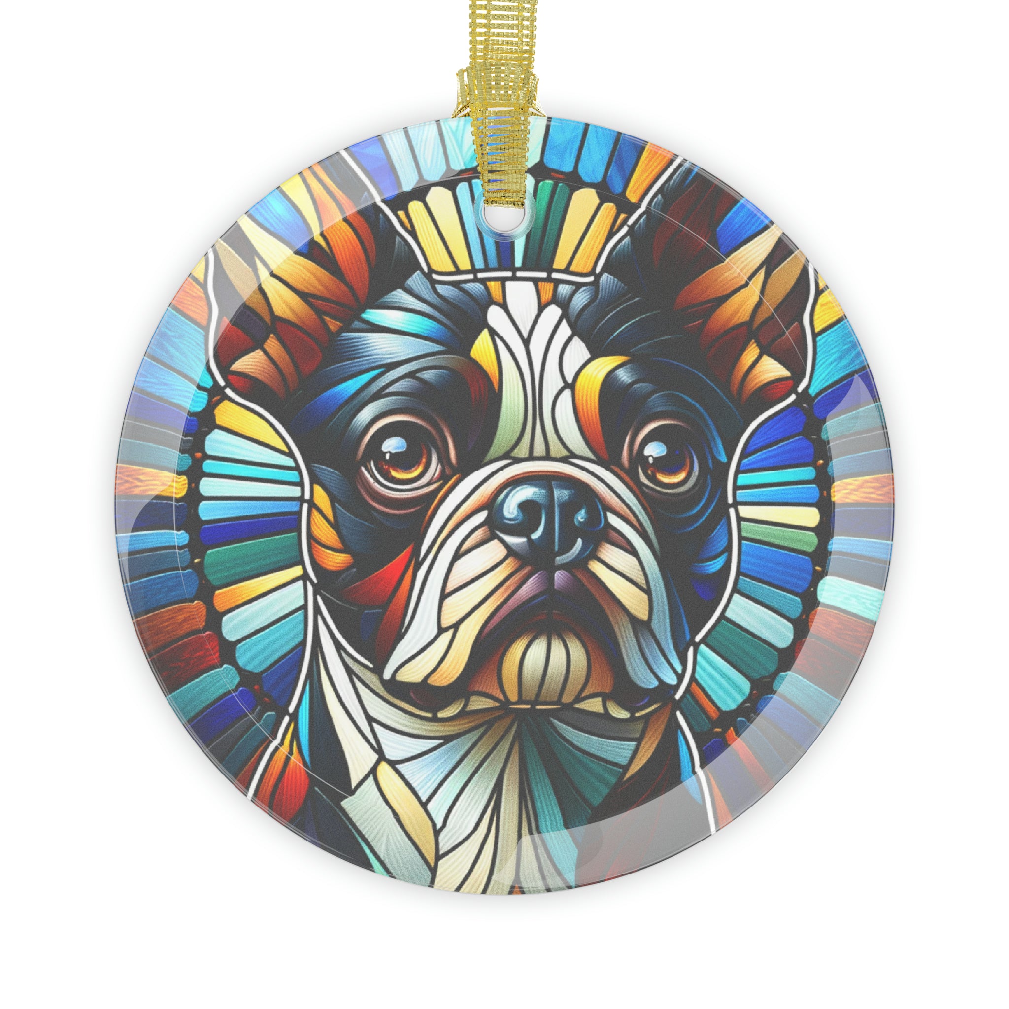 Colorful Geometric Boston Terrier Stained Glass Ornaments - Blue and Warm
