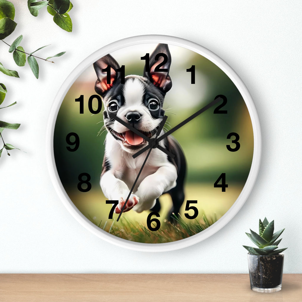 Playful Boston Terrier Puppy Wall Clock