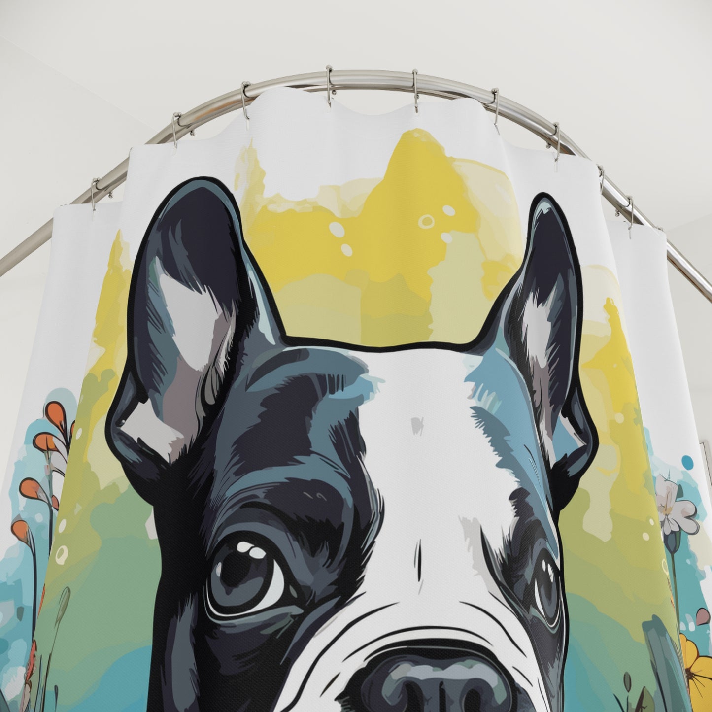 Boston Terrier Surrounded By Flowers Polyester Shower Curtain