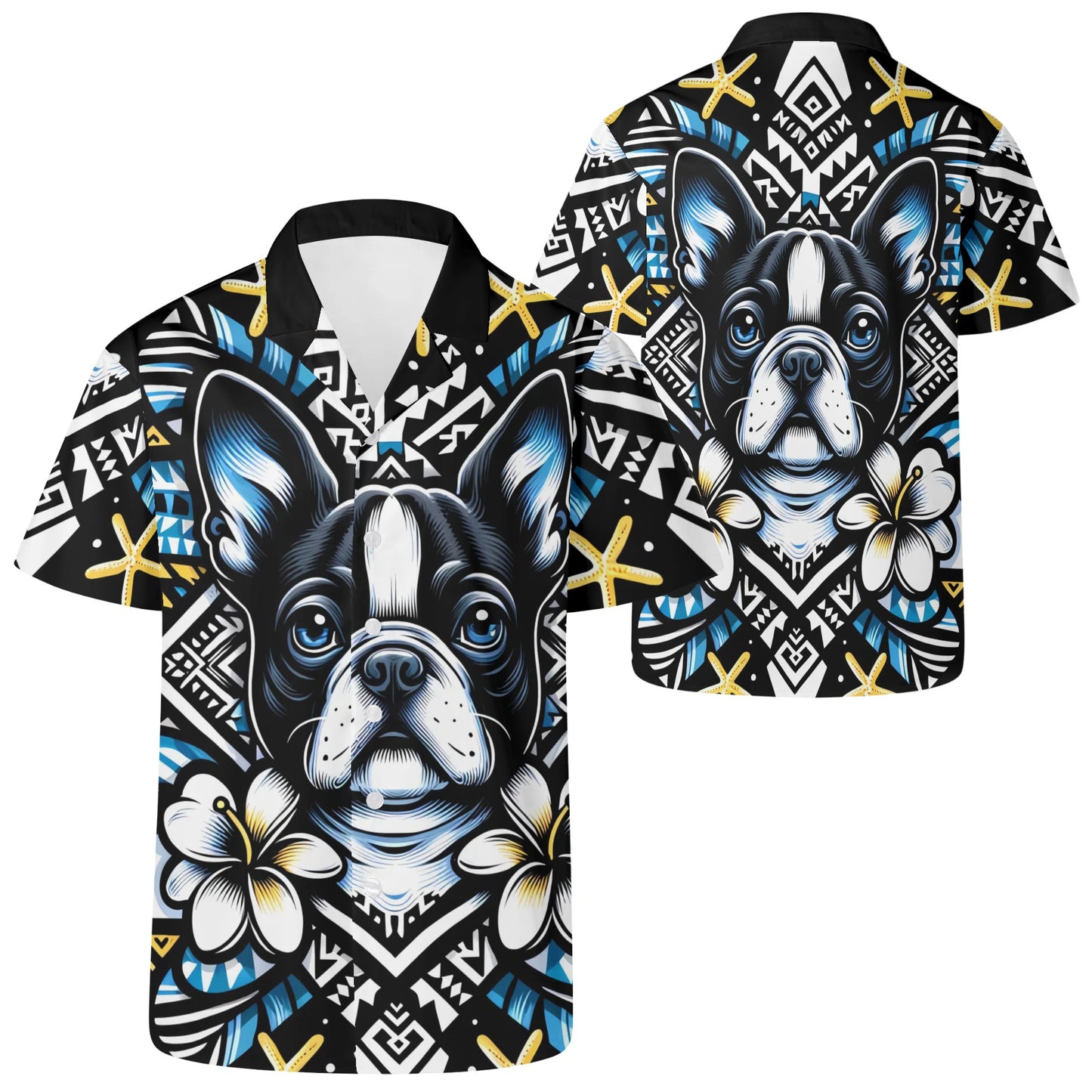 Mens All Over Boston Terrier Print Casual Hawaiian Shirt - Black, Blue and Yellow
