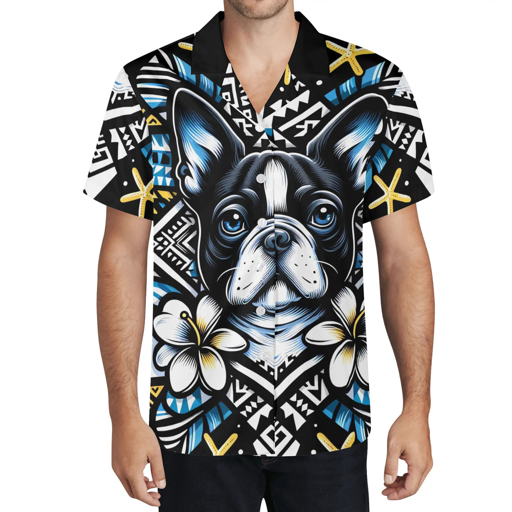 Mens All Over Boston Terrier Print Casual Hawaiian Shirt - Black, Blue and Yellow