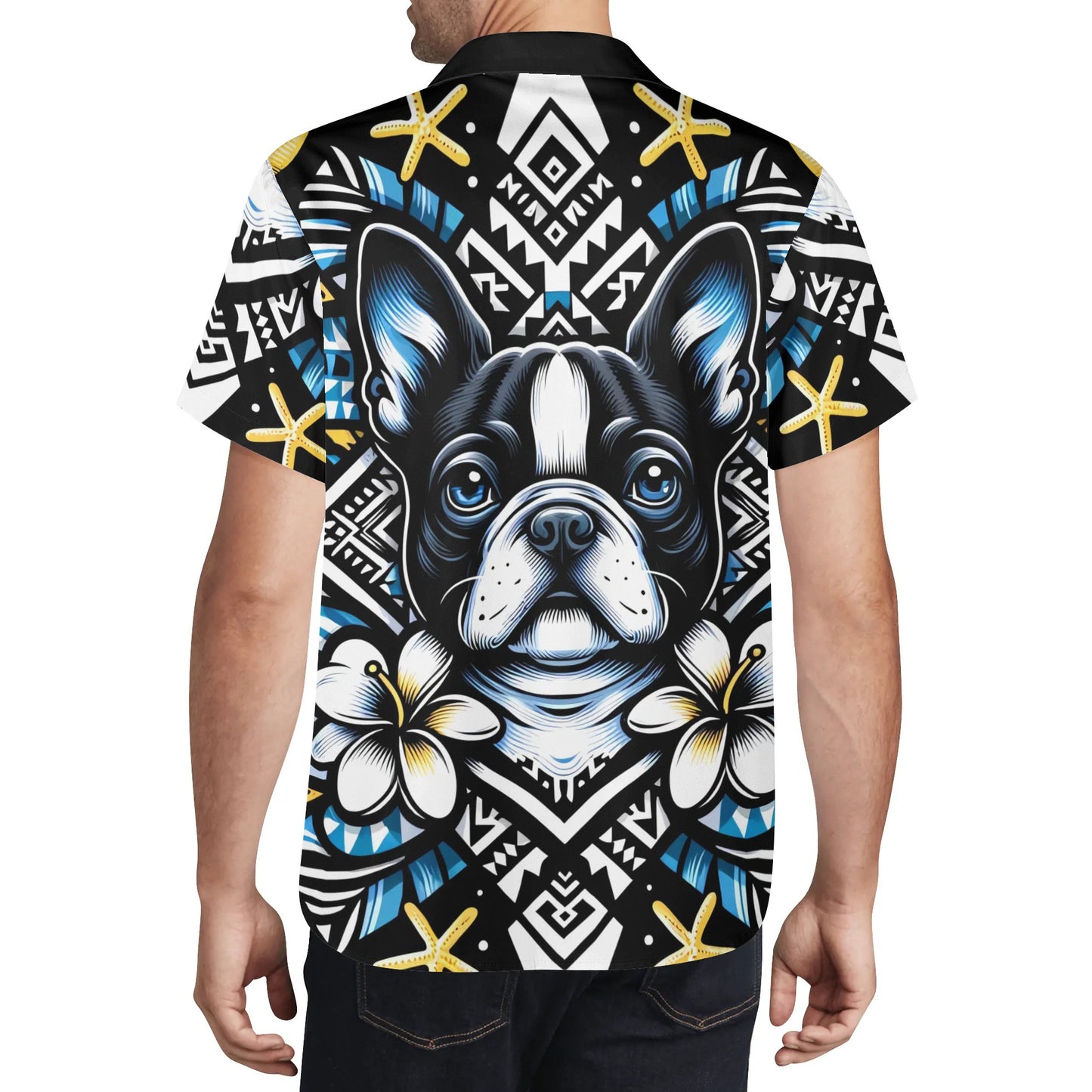 Mens All Over Boston Terrier Print Casual Hawaiian Shirt - Black, Blue and Yellow
