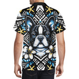 Mens All Over Boston Terrier Print Casual Hawaiian Shirt - Black, Blue and Yellow