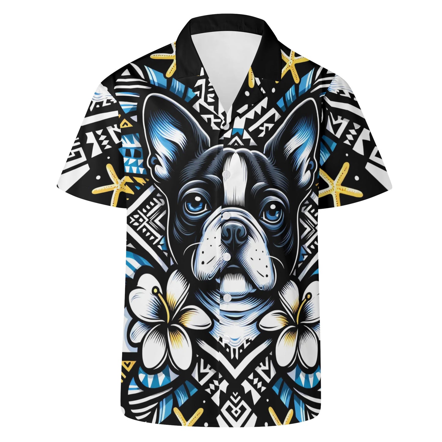Mens All Over Boston Terrier Print Casual Hawaiian Shirt - Black, Blue and Yellow