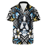 Mens All Over Boston Terrier Print Casual Hawaiian Shirt - Black, Blue and Yellow