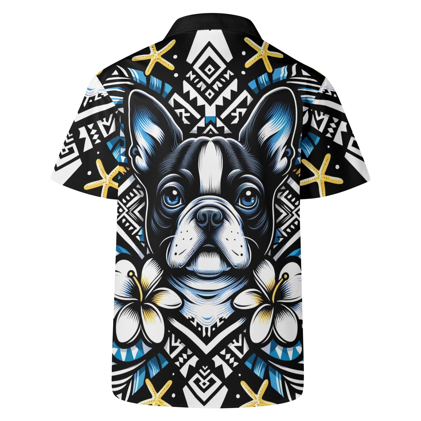 Mens All Over Boston Terrier Print Casual Hawaiian Shirt - Black, Blue and Yellow