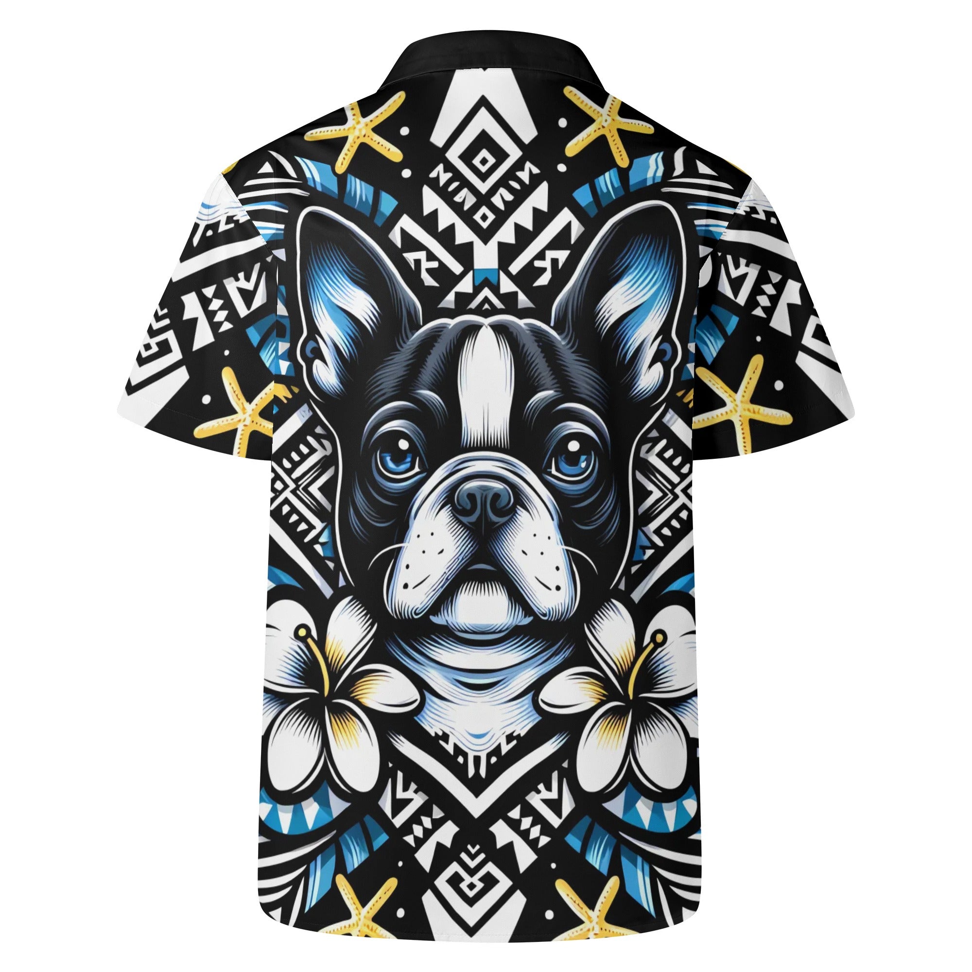 Mens All Over Boston Terrier Print Casual Hawaiian Shirt - Black, Blue and Yellow