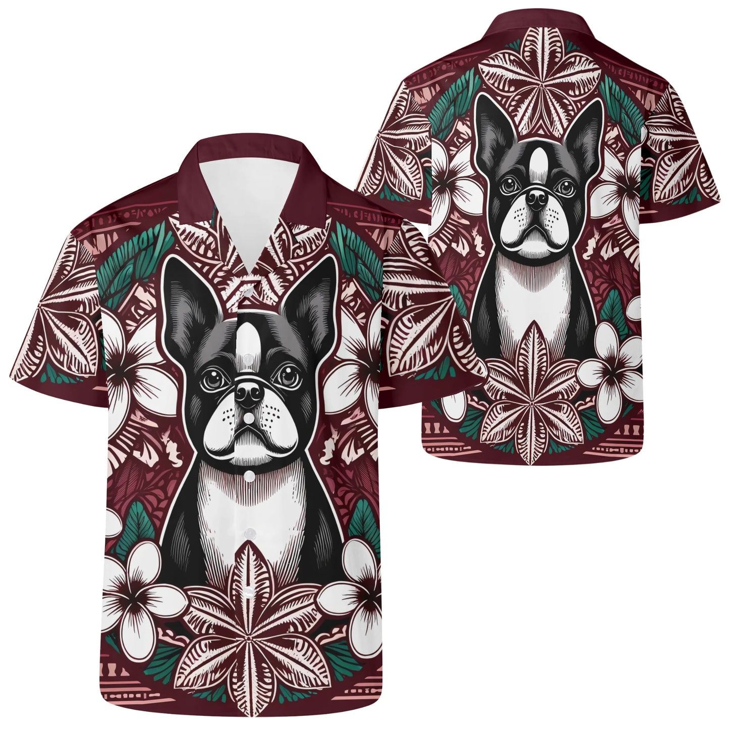 Mens All Over Boston Terrier Print Casual Hawaiian Shirt - Burgundy, Green and White