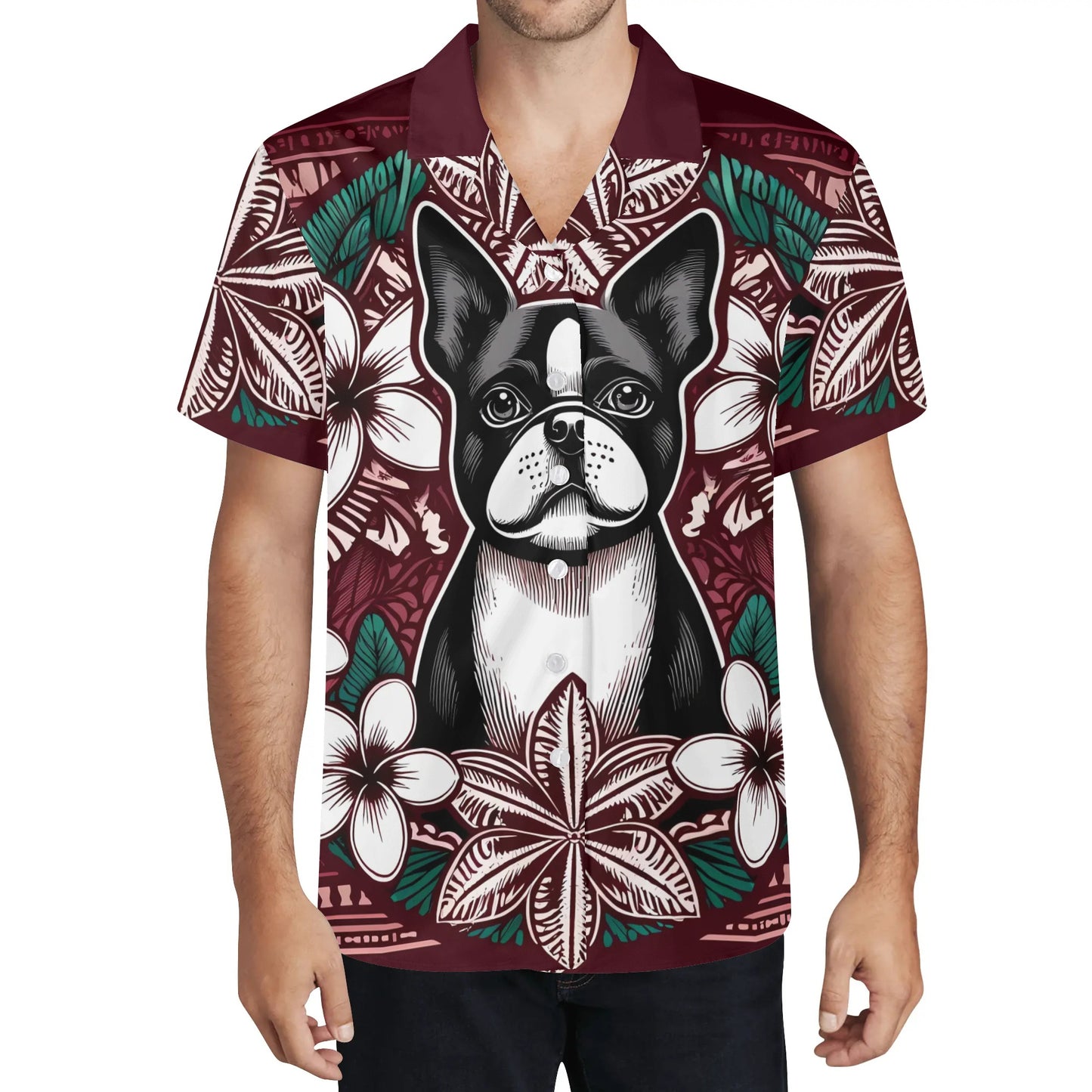 Mens All Over Boston Terrier Print Casual Hawaiian Shirt - Burgundy, Green and White