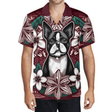 Mens All Over Boston Terrier Print Casual Hawaiian Shirt - Burgundy, Green and White