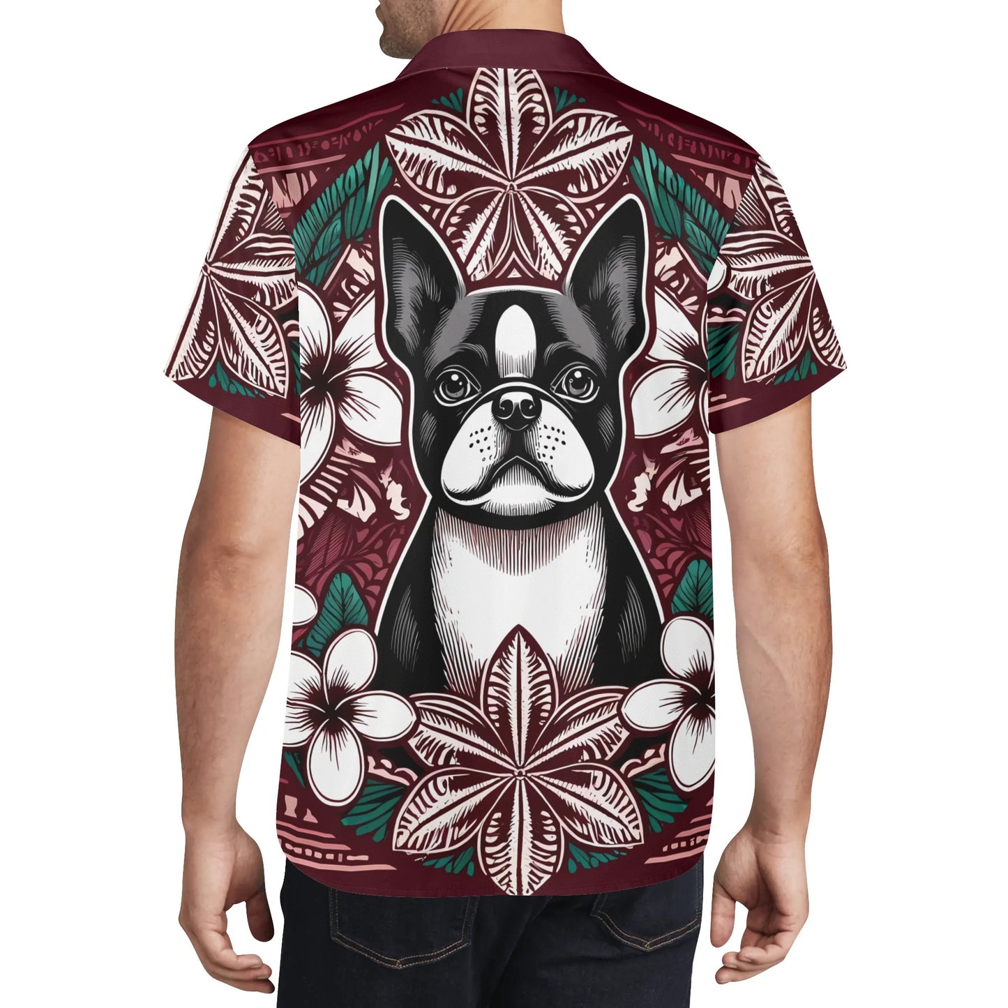 Mens All Over Boston Terrier Print Casual Hawaiian Shirt - Burgundy, Green and White