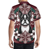 Mens All Over Boston Terrier Print Casual Hawaiian Shirt - Burgundy, Green and White