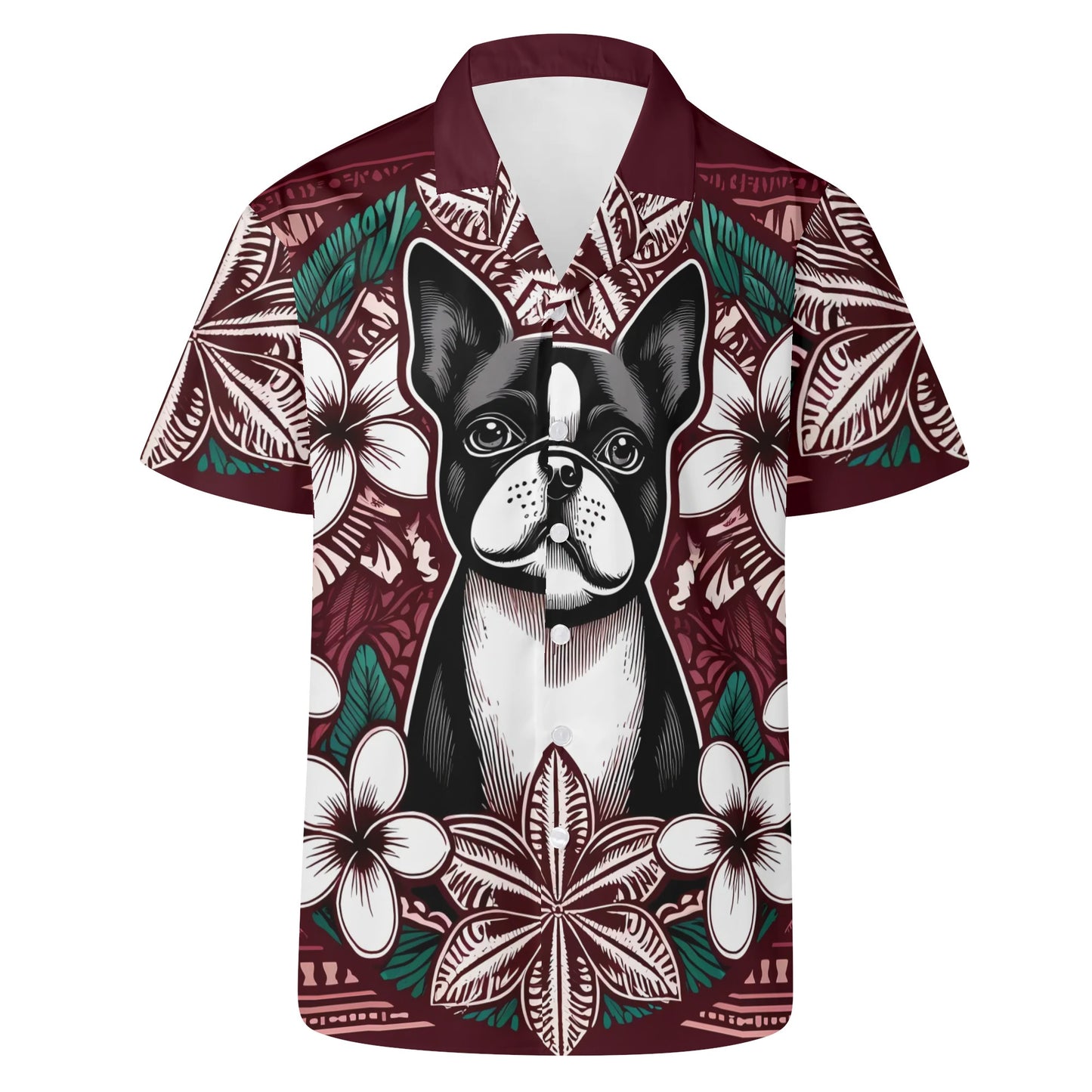 Mens All Over Boston Terrier Print Casual Hawaiian Shirt - Burgundy, Green and White