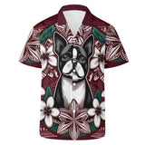 Mens All Over Boston Terrier Print Casual Hawaiian Shirt - Burgundy, Green and White