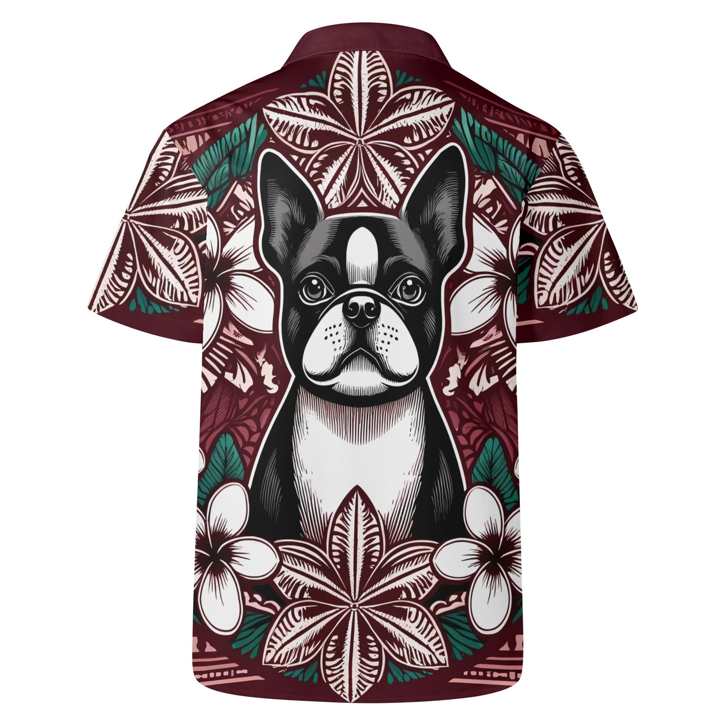 Mens All Over Boston Terrier Print Casual Hawaiian Shirt - Burgundy, Green and White