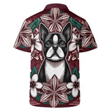 Mens All Over Boston Terrier Print Casual Hawaiian Shirt - Burgundy, Green and White