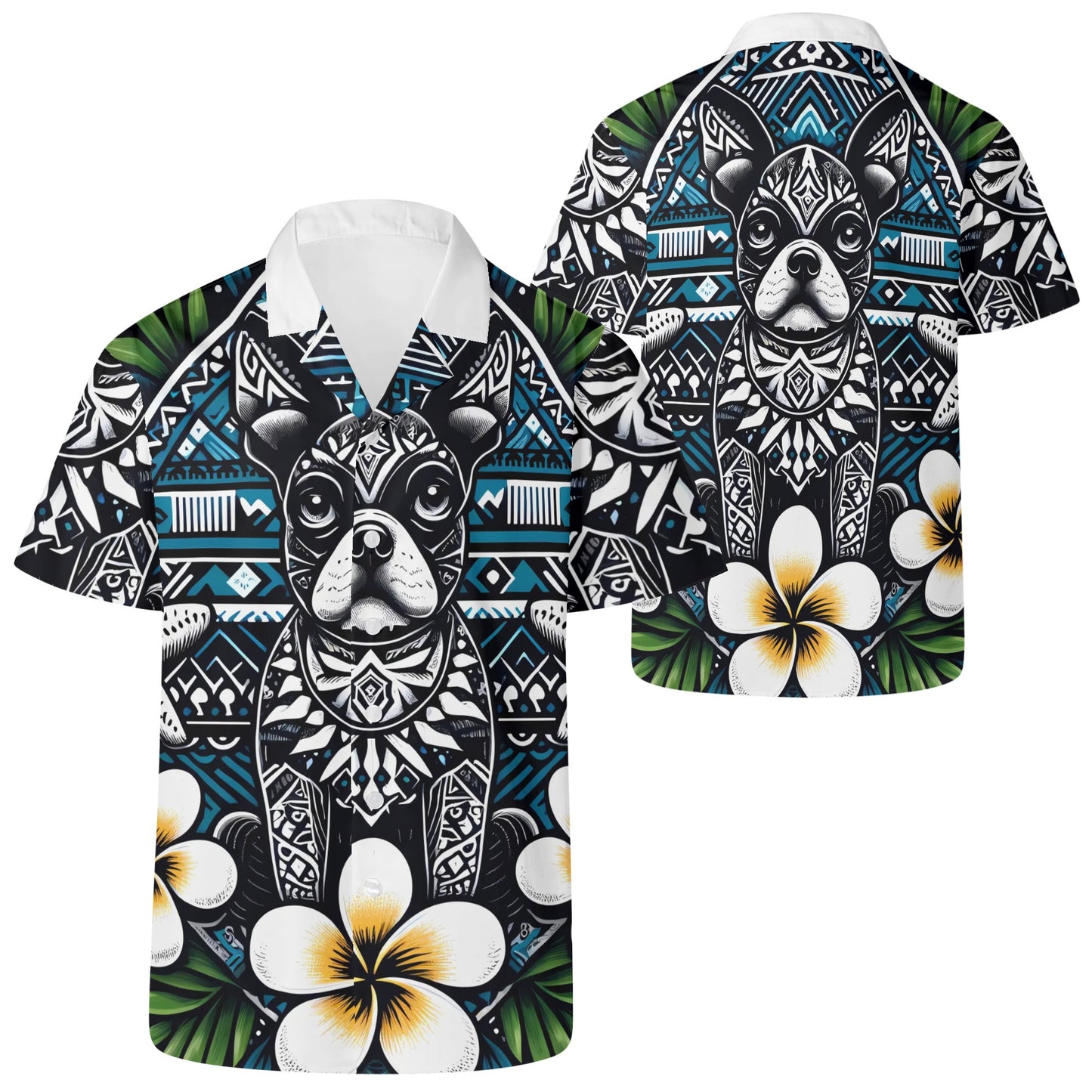 Mens All Over Boston Terrier Print Casual Hawaiian Shirt - Dark Blue, White and Green