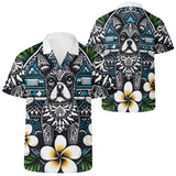 Mens All Over Boston Terrier Print Casual Hawaiian Shirt - Dark Blue, White and Green
