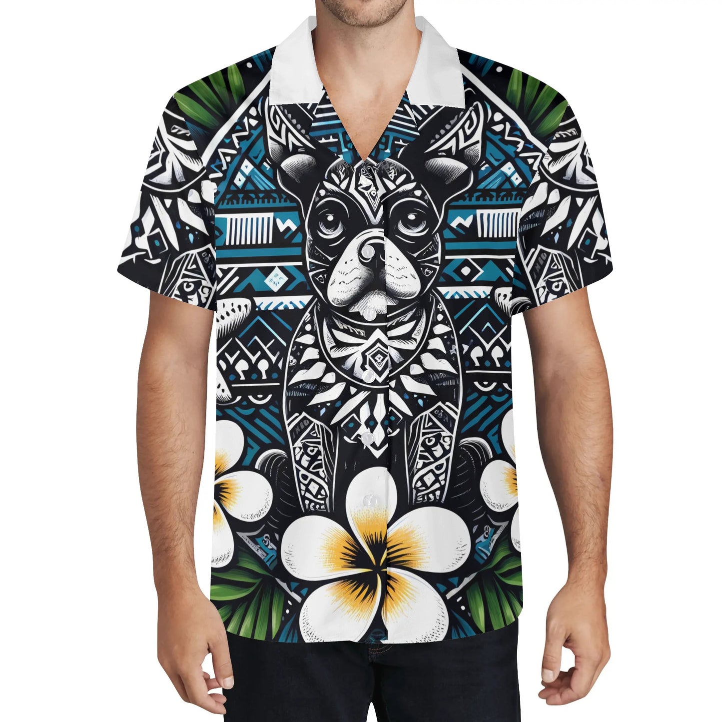 Mens All Over Boston Terrier Print Casual Hawaiian Shirt - Dark Blue, White and Green