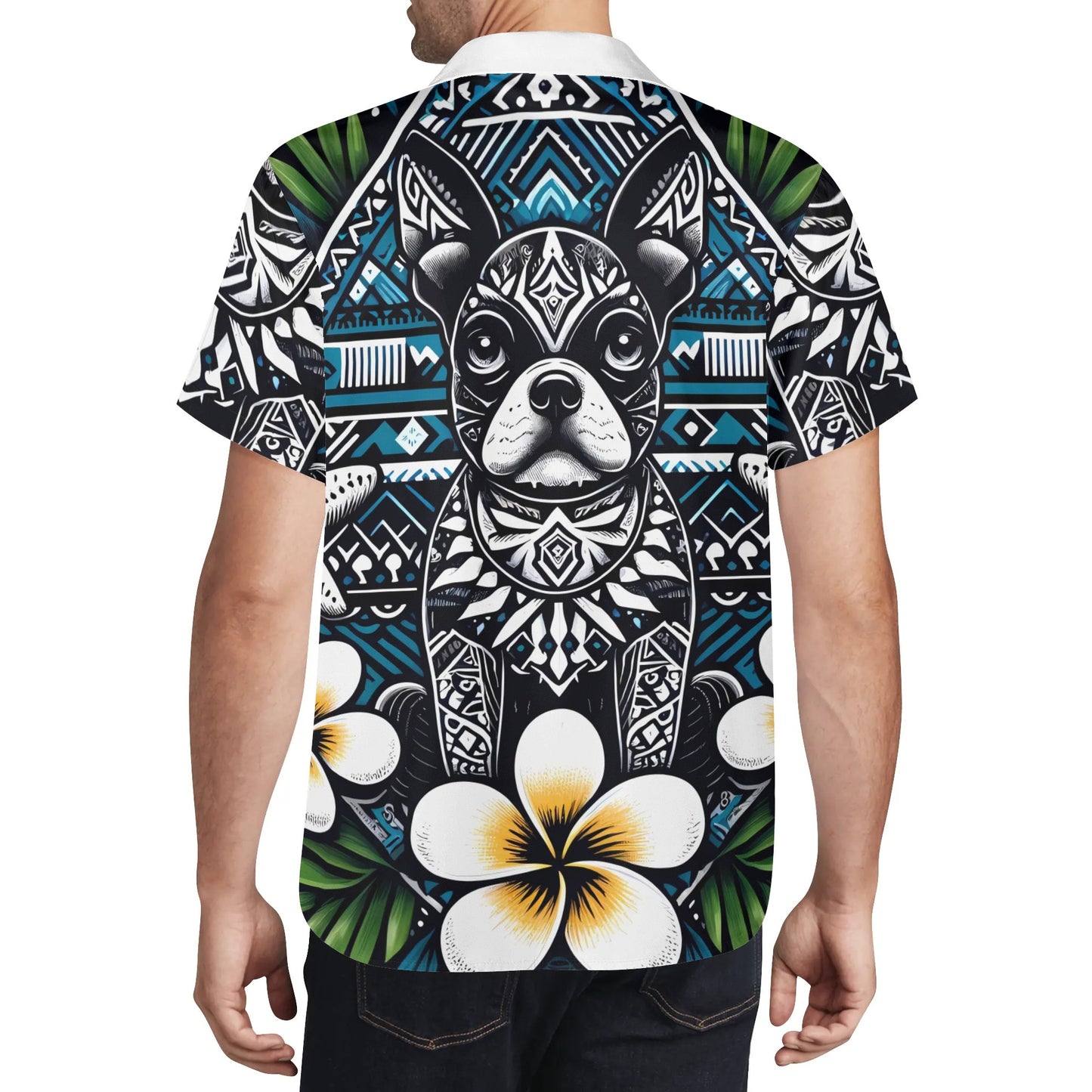 Mens All Over Boston Terrier Print Casual Hawaiian Shirt - Dark Blue, White and Green