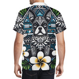 Mens All Over Boston Terrier Print Casual Hawaiian Shirt - Dark Blue, White and Green
