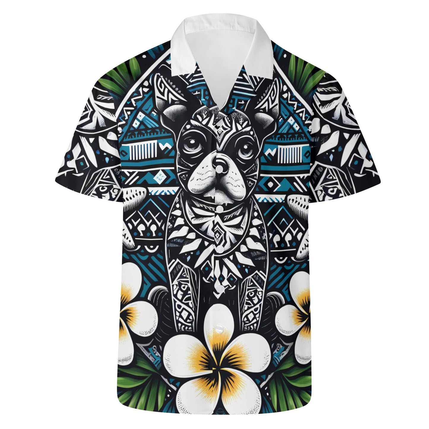 Mens All Over Boston Terrier Print Casual Hawaiian Shirt - Dark Blue, White and Green