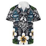 Mens All Over Boston Terrier Print Casual Hawaiian Shirt - Dark Blue, White and Green