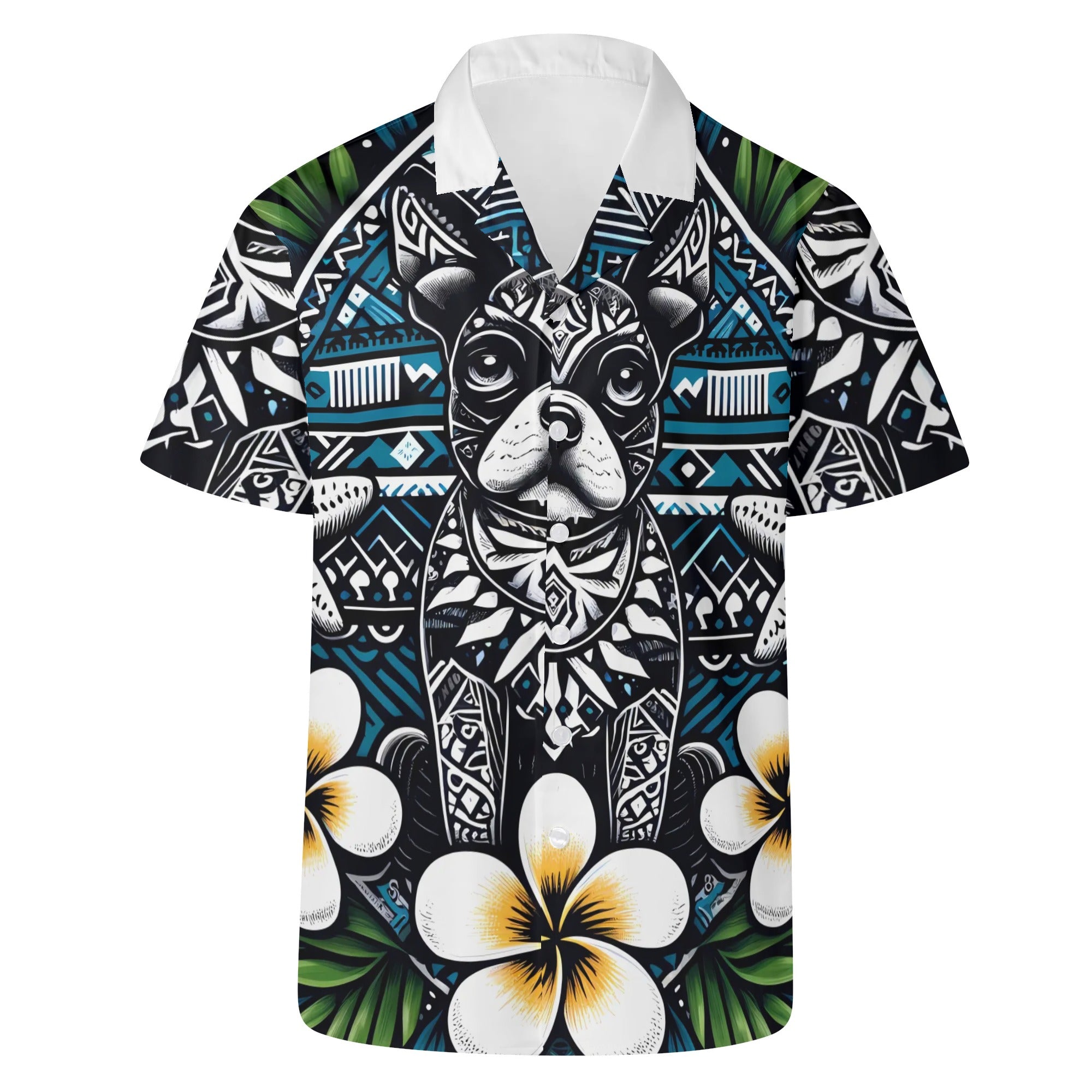 Mens All Over Boston Terrier Print Casual Hawaiian Shirt - Dark Blue, White and Green