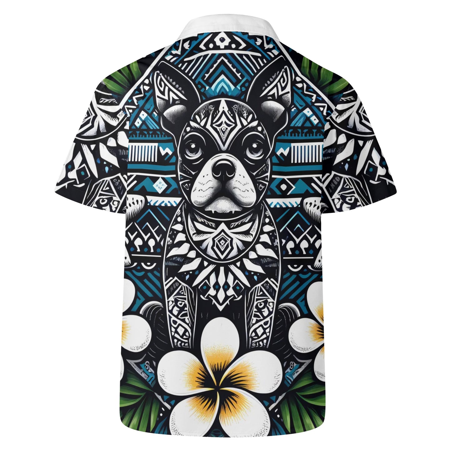 Mens All Over Boston Terrier Print Casual Hawaiian Shirt - Dark Blue, White and Green