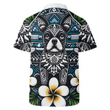 Mens All Over Boston Terrier Print Casual Hawaiian Shirt - Dark Blue, White and Green